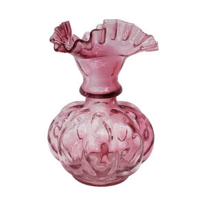Vintage Pink Art Glass Vase Ruffled Edge Thumbprint Optic 5" Home Decor Gift